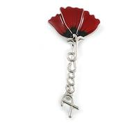 Red/Black Enamel Poppy Brooch in Silver Tone - 75mm Tall