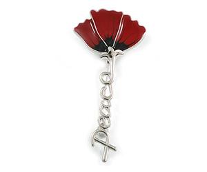 Red/Black Enamel Poppy Brooch in Silver Tone - 75mm Tall