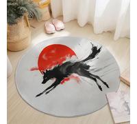 Red Black Flannel Round Rug, Japanese Style Ink Wolf Sun Pattern, Super Soft Machine Washable Not Easy to Fade Rug, 120 cm Non-Slip Round Carpet for Living Room Kids Room Dining Room Decor