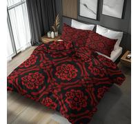Red Black Floral Emperor Duvet Cover Set 3 Piece with 2 Pillowcases, Retro Vintage Flower Gothic Patterned Bedroom Decor Bedding, Soft Microfibre Quilt Cover with Zip ML&63