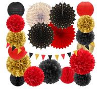 Red-Black Gold Casino Theme Party-Decorations - 20pcs Game Night Paper Lanterns Fans,Tissue Pom Poms,Honeycomb Balls,Bunting,Birthday Graduation Wedding Bridal Baby Shower Decor Burgleda