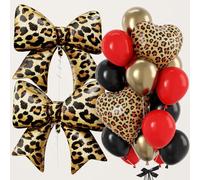 Red Black Gold Cheetah Leopard Print Heart Bow Balloons for Birthday Party | 38 Inch Cheetah Print Bow Shaped Helium Foil Balloons Red Black Latex Metallic Gold Balloon Heart Shaped Balloon for Wedding