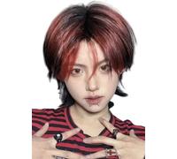 Red Black Gradient Wolf Cut Wig Short Straight Wig with Long Hairpiece Layered Wigs with Bangs Synthetic Fiber Wigs (Red Black Gradient)