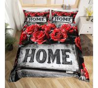 (Red Black Gray, Double(No Comforter)) Red Rose Comforter Cover Double for Girls Lovers Women,Vintage Farmhouse Style Duvet Cover Set,Coffee Cup Romantic Love Heart Quilt Cover,Valentine