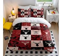 Red Black Gray White Patchwork Duvet Cover Set, Forest Deer and Bear Print, 3 Piece Bedding Set for Home Decor (04,Double200x200cm+65x65cm*2)