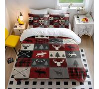 Red Black Gray White Patchwork Duvet Cover Set, Forest Deer and Bear Print, 3 Piece Bedding Set for Home Decor (02,King240x220cm+50x75cm*2)