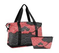 Red Black Japanese Zephyr Cherry Blossom Waves Carry on Weekender Overnight Bag with Wet Pocket Adjustable Strap Workout Bag for Airplane Traveling Foldable for Men Women