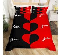 Red Black Love Heart Pattern Duvet Cover 260X220,Red Black Splicing Design Bedding Set,Love You Print Abstract Art Quilt Cover with Zipper Closure and Pillowcases Super King