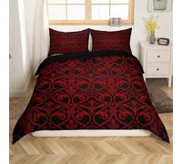 Red Black Ombre Gothic Bedding Set Queen for Boys,Vintage Goth Floral Damask Duvet Cover Antique Victorian Baroque Comforter Cover Hotel Luxury Bed Cover Bohemian Exotic Bedroom Decor 2 Pillow Cases