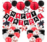 Red & Black Party Decorations Bunting Kit, Happy Birthday Banner with Hanging Swirls Stars, Balloons, Honeycomb Balls, Circle Dots Garland for Women Men