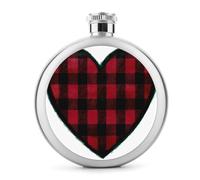 Red Black Plaid Heart Stainless Steel Hip Flask for Liquor, Round Pocket Portable Wine Flask for Drink 5 Oz