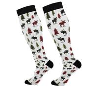 Red Black Plaid Moose Xmas Trees Compression Socks Non-Slip Flight Socks Stockings For Pregnancy Gym Cycling Support 1 Pair 50Cm