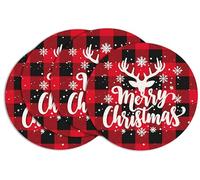 Red Black Plaid Reindeer Snowflakes Christmas Round Placemats Set of 4 Merry Christmas Table Mats for Party Kitchen Dining Decoration 15 Inch