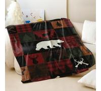 Red Black Plaid Wood Grain Bear Deer Ax Printed Flannel Blanket, Rustic Cozy Soft Throw Blanket for Camping and Sofa Bed (05,200x200cm)