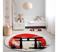 Red Black Round Area Rug 90cm, Washable Soft Flannel Japanese Style Torii Sun Print Low Pile Round Rugs with Non-Slip Backing - Carpet for Entryway Living Room Bedroom