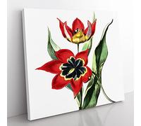 Red & Black Tulip Flowers Vintage Canvas Wall Art Print Ready to Hang, Framed Picture for Living Room Bedroom Home Office Décor, 50x50 cm (20x20 Inch)