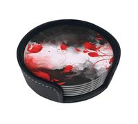 Red Black White Abstract Round Leather Coasters (6 Pieces) - Drink Coaster Set For Desk, Modern Easy To Clean Home Office & Farmhouse Coasters