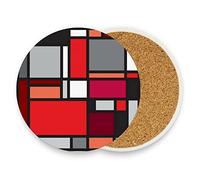 Red Black White Geometric Memphis, Indian, Brazilian, Mexican Checker 1 PC Ceramic Mug Coaster for Drinks, Stone Coasters Holder with Cork Base, Oversize Cup Mat Pad for All Mugs, Housewarming Gift