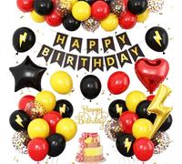 Red Black Yellow Birthday Decorations for Boys,Cartoon Birthday Party Balloons with Star Heart Foil Balloons Banner Cake Topper for Kids Game Theme Party Decor