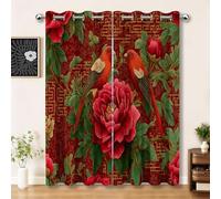 Red Blackout Curtains 54 Inch Drop, Oriental Traditional Style Peony Bird Eyelet Curtains for Nursery Bedroom, 2 Panels 46 × 54 Inch Thermal Insulated Fabric to Block Sunlight & Reduce Noise