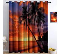 Red Blackout Curtains for Bedroom, W 46" X L 72" Drop Eyelet Curtains for Living Room, Nature Ocean Island Palm Trees Print Soft Thermal Insulated Window Curtain 2 Panels