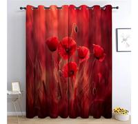 Red Blackout Curtains, Plant Flower Watercolor Poppy Thermal Insulated & Noise Reducing Eyelet Panels for Bedroom, Super Soft Printed Curtains for Living Room 92x90 Inch