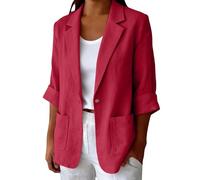Red Blazer Womens Linen 3/4 Rolled Sleeve Notch Lapel Oversized Blazer with Pocket Fitted Blazers for Women Relaxed Fit Breathable Casual Office Suit Jackets Size L