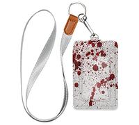 Red Blood Ink Splatter Spots Stains Isolated on White Badge Holder, ID Cover PU Leather 3 Cards Slots, Neck Wallet Case Security Snap Button Lanyard for Office School Worker Student
