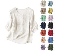 red Blouses for Women UK Linen Bohemian Style Embroidered Tops Summer Peasant Blouses 3/4 Sleeve Round Neck Lightweight Fashion T-Shirts Work Casual Blouse Holiday Beach Wear,Ladies Tops Size 22