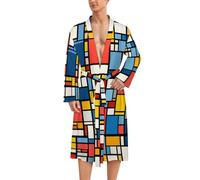 Red Blue And Yellow Mondrian Style Mens Bathrobe Long Sleeve Robe Pyjamas Loungewear Dressing Gown Nightwear M