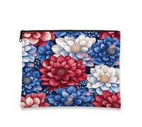 Red Blue Flower Cosmetic Bag, Patriotic Blooms Vintage Travel Makeup Case with Zipper, Ideal for Holiday Gifts and Seasonal Festivals, Red Blue, 7x9 Inch, Flower
