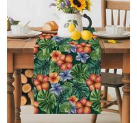Red Blue Flower Table Runner 13x72 Inches Long Green Leaf Tropical Plants Summer Cotton Linen Table Runner Burlap Style for Dinner Table Party Decor Tabletop Decorations