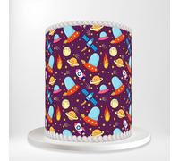 Red Blue Flying Saucers Rockets Satellites Planets Stars Space Wrap Around Print A4 Edible Paper Icing Sheet Cake Topper Side Ribbon Border Decor for Personalised Themed Decorations