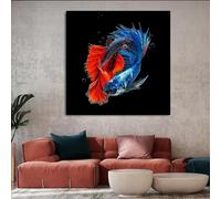 Red Blue Goldfish Koi Black Poster, Modern Minimal Wall Art, Fish Picture, Canvas Print, Living Room Decor 60x60cm Frameless