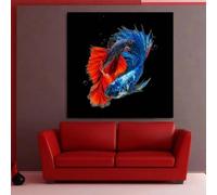 Red Blue Goldfish Koi Black Poster, Modern Minimal Wall Art, Fish Picture, Canvas Print, Living Room Interior Decor 40x40cm frame