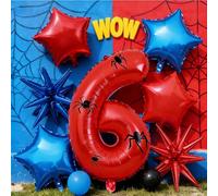 Red Blue Spider Themed Birthday Balloon Decorations with Number 6 Foil Balloon for Adults Spider Party Baby Shower Birthday Party Decorations Party Suppiles (number 6)