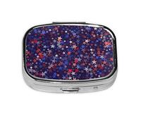 Red Blue Stars American Print Square Metal Pill Box Decorative Pill Case - Carry Your Meds in Style (Rectangular)