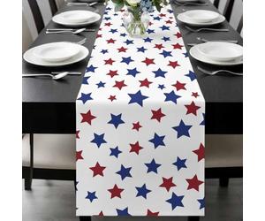 Red Blue Stars Table Runner 13x48 Inches Long Independence Day Patriotic Five-pointed Star Cotton Linen Table Runner Burlap Style for Dinner Table Party Decor Tabletop Decorations