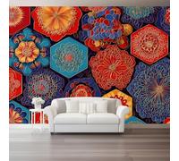 Red Blue Wall Mural - Geometric Abstract Patterns Hexagon Mural Photo Wallpaper for Living Room, Bedroom Decor, Modern Wall Art, Non-Woven Photo Wallpaper 3D Effect, 400 x 280 cm (W x H)
