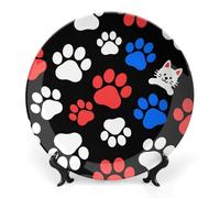 Red Blue White Dogs And Cats Paws Ceramic Plate 7inch Decorative Bone China Wall Hanging Ornament Plates Bohemian Style Dinner Plate with Display Stand Cabinet Display Plates for Home Art Decor