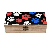 Red Blue White Dogs And Cats Paws Wooden Storage Box Elegant Retro Jewelry Box with Hinged Lid Decorative Keepsake Boxes Decor Handmade Organizer Boxes for Wedding, Party, Gift, Diy Craft, Home Decor