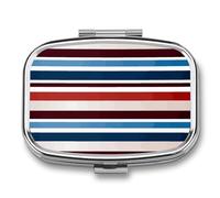 Red Blue White Gray Stripes Pill Box 2 Compartment, Portable Pill Case with Mirror for Pocket Purse Travel, Mini Metal Medicine Organizer for Vitamins Fish Oil