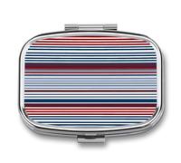 Red Blue White Gray Stripes Pill Box 2 Compartment, Portable Pill Case with Mirror for Pocket Purse Travel, Mini Metal Medicine Organizer for Vitamins Fish Oil