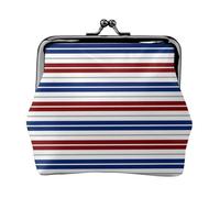 Red Blue White Gray Stripes Print Double Clasp Metal Frame Leather Kiss Lock Change Pouch Wallet for Women with Keys, Small Purses