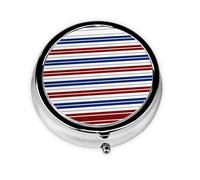 Red Blue White Gray Stripes Print Mini Metal Pill Box 2.0x2.0x0.7 in Round Travel Medicine Pill Organizer Box for Purse Pocket