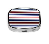 Red Blue White Gray Stripes Print Pill Box 2 Compartment Medicine Pill Case,Portable for Pocket Or Purse Pill Box Decorative Metal Medicine Organizer