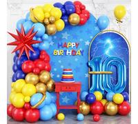 Red Blue Yellow 10th Birthday Balloons Arch, Royal Blue Metallic Gold Balloon Garland Kit, Red Star Foil Blue Number 10 Balloon Tower for 10 Year Old Kids Boys Birthday Baby Shower Party Decorations