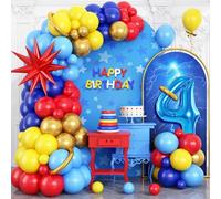 Red Blue Yellow 4th Birthday Balloons Arch, Royal Blue Metallic Gold Balloon Garland Kit, Red Star Foil Blue Number 4 Balloon Tower for 4 Year Old Kids Boys Birthday Baby Shower Party Decorations