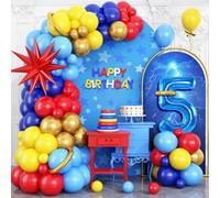 Red Blue Yellow 5th Birthday Balloons Arch, Royal Blue Metallic Gold Balloon Garland Kit, Red Star Foil Blue Number 5 Balloon Tower for 5 Year Old Kids Boys Birthday Baby Shower Party Decorations