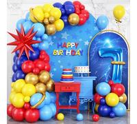 Red Blue Yellow 7th Birthday Balloons Arch, Royal Blue Metallic Gold Balloon Garland Kit, Red Star Foil Blue Number 7 Balloon Tower for 7 Year Old Kids Boys Birthday Baby Shower Party Decorations